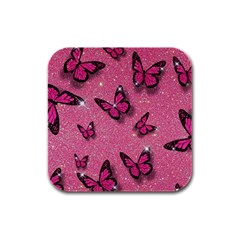 Pink Glitter Butterfly Rubber Square Coaster (4 Pack) by Ndabl3x