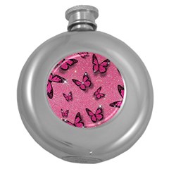 Pink Glitter Butterfly Round Hip Flask (5 Oz) by Ndabl3x