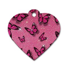 Pink Glitter Butterfly Dog Tag Heart (two Sides) by Ndabl3x