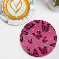 Pink Glitter Butterfly Uv Print Round Tile Coaster by Ndabl3x