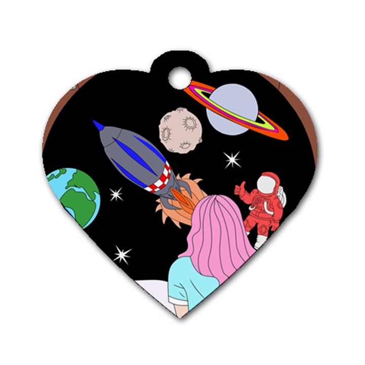 Girl Bed Space Planet Spaceship Dog Tag Heart (Two Sides)