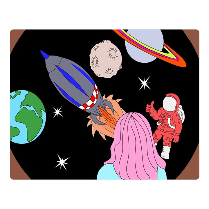 Girl Bed Space Planet Spaceship Two Sides Premium Plush Fleece Blanket (Large)