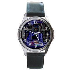 Blue Computer Monitor With Chair Game Digital Art Round Metal Watch by Bedest