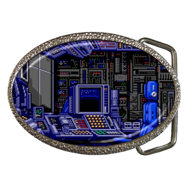 Blue Computer Monitor With Chair Game Digital Art Belt Buckles