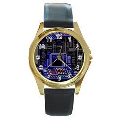 Blue Computer Monitor With Chair Game Digital Art Round Gold Metal Watch by Bedest