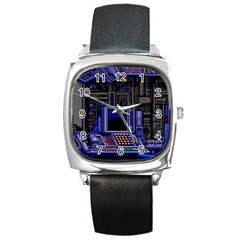 Blue Computer Monitor With Chair Game Digital Art Square Metal Watch by Bedest