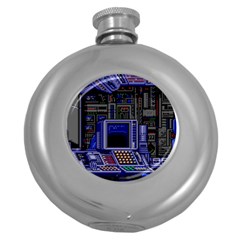 Blue Computer Monitor With Chair Game Digital Art Round Hip Flask (5 Oz) by Bedest