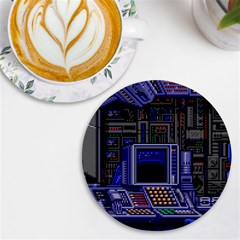 Blue Computer Monitor With Chair Game Digital Art Uv Print Round Tile Coaster by Bedest