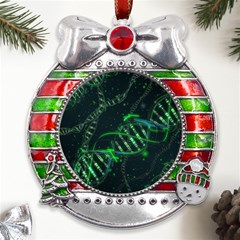 Green And Black Abstract Digital Art Metal X mas Ribbon With Red Crystal Round Ornament by Bedest