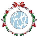 Cow Print, Aesthetic, Y, Blue, Baby Blue, Pattern, Simple Metal X mas Wreath Ribbon Ornament Front