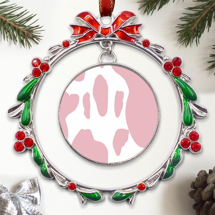 Cow Print, Pink, Design, Pattern, Animal, Baby Pink, Simple, Metal X mas Wreath Ribbon Ornament