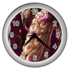 Peacock Dream, Fantasy, Flower, Girly, Peacocks, Pretty Wall Clock (silver) by nateshop