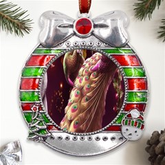 Peacock Dream, Fantasy, Flower, Girly, Peacocks, Pretty Metal X mas Ribbon With Red Crystal Round Ornament by nateshop