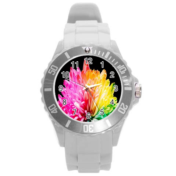 Abstract, Amoled, Back, Flower, Green Love, Orange, Pink, Round Plastic Sport Watch (L)