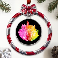 Abstract, Amoled, Back, Flower, Green Love, Orange, Pink, Metal Red Ribbon Round Ornament by nateshop