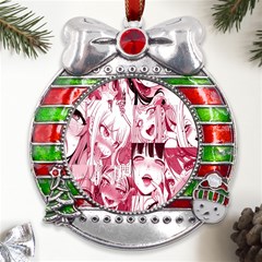 Ahegao Pink, Anime, Girl, Girlface, Girls, Pattern, White, Hd Metal X mas Ribbon With Red Crystal Round Ornament