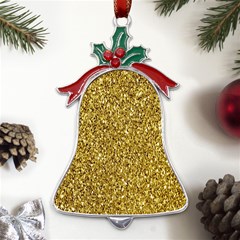 Gold Glittering Background Gold Glitter Texture, Close-up Metal Holly Leaf Bell Ornament by nateshop