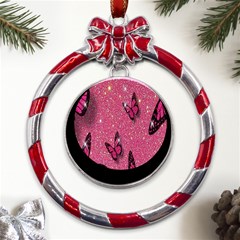 Butterfly, Girl, Pink, Wallpaper Metal Red Ribbon Round Ornament by nateshop