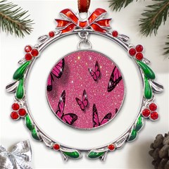 Butterfly, Girl, Pink, Wallpaper Metal X mas Wreath Ribbon Ornament by nateshop