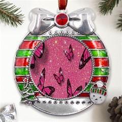 Butterfly, Girl, Pink, Wallpaper Metal X mas Ribbon With Red Crystal Round Ornament by nateshop