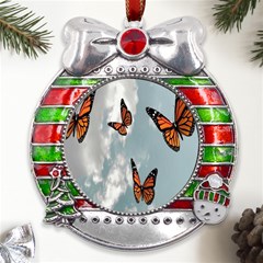 Aesthetic Butterfly , Butterflies, Nature, Metal X mas Ribbon With Red Crystal Round Ornament by nateshop