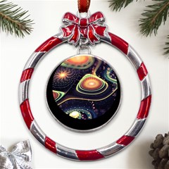 Psychedelic Trippy Abstract 3d Digital Art Metal Red Ribbon Round Ornament by Bedest