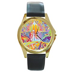 Multicolored Optical Illusion Painting Psychedelic Digital Art Round Gold Metal Watch by Bedest