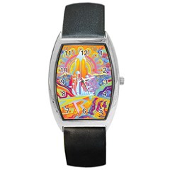 Multicolored Optical Illusion Painting Psychedelic Digital Art Barrel Style Metal Watch