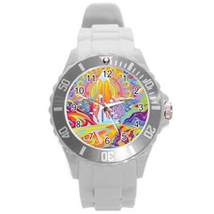 Multicolored Optical Illusion Painting Psychedelic Digital Art Round Plastic Sport Watch (l) by Bedest