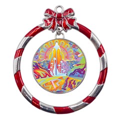 Multicolored Optical Illusion Painting Psychedelic Digital Art Metal Red Ribbon Round Ornament by Bedest