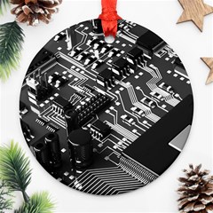 Black And Gray Circuit Board Computer Microchip Digital Art Ornament (round) by Bedest