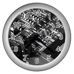 Black And Gray Circuit Board Computer Microchip Digital Art Wall Clock (silver) by Bedest