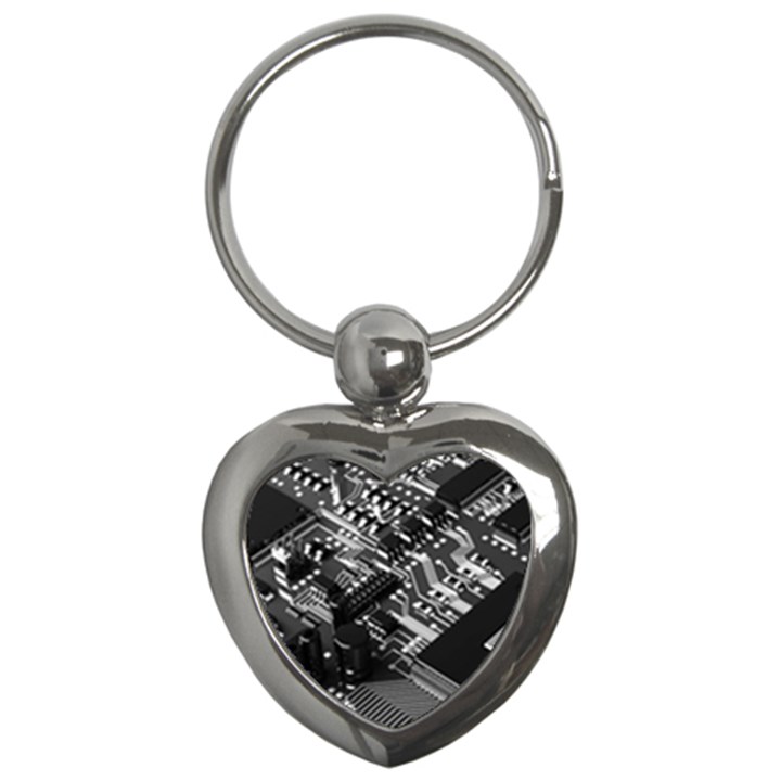 Black And Gray Circuit Board Computer Microchip Digital Art Key Chain (Heart)