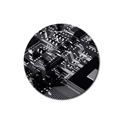 Black And Gray Circuit Board Computer Microchip Digital Art Rubber Round Coaster (4 Pack) by Bedest