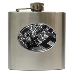 Black And Gray Circuit Board Computer Microchip Digital Art Hip Flask (6 Oz) by Bedest