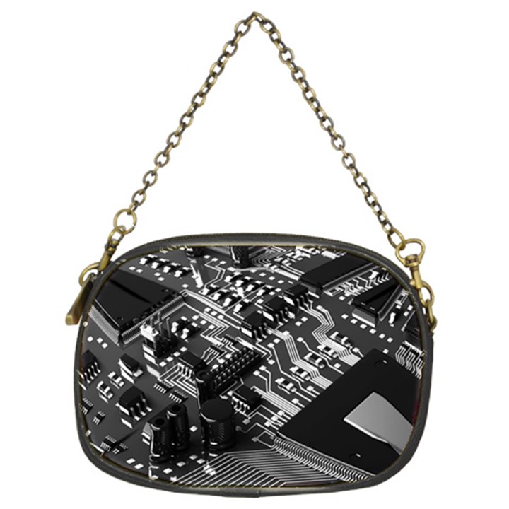 Black And Gray Circuit Board Computer Microchip Digital Art Chain Purse (Two Sides)