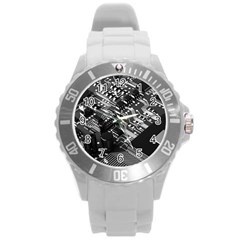 Black And Gray Circuit Board Computer Microchip Digital Art Round Plastic Sport Watch (l) by Bedest