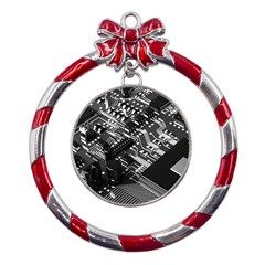 Black And Gray Circuit Board Computer Microchip Digital Art Metal Red Ribbon Round Ornament by Bedest