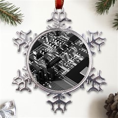 Black And Gray Circuit Board Computer Microchip Digital Art Metal Large Snowflake Ornament by Bedest