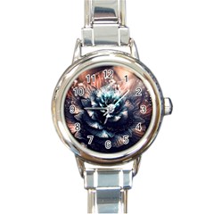 Blue And Brown Flower 3d Abstract Fractal Round Italian Charm Watch by Bedest