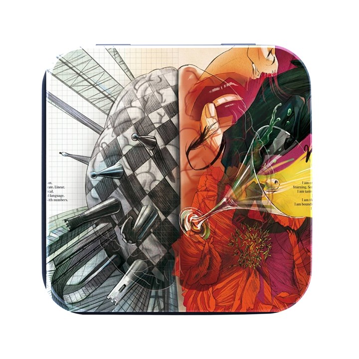 Left And Right Brain Illustration Splitting Abstract Anatomy Square Metal Box (Black)