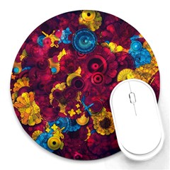 Psychedelic Digital Art Colorful Flower Abstract Multi Colored Round Mousepad by Bedest