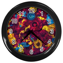 Psychedelic Digital Art Colorful Flower Abstract Multi Colored Wall Clock (black) by Bedest