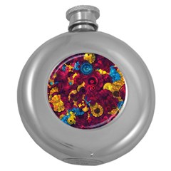 Psychedelic Digital Art Colorful Flower Abstract Multi Colored Round Hip Flask (5 Oz) by Bedest