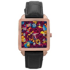 Psychedelic Digital Art Colorful Flower Abstract Multi Colored Rose Gold Leather Watch  by Bedest