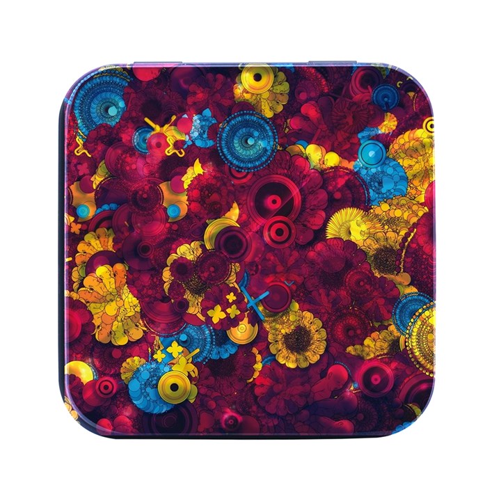 Psychedelic Digital Art Colorful Flower Abstract Multi Colored Square Metal Box (Black)