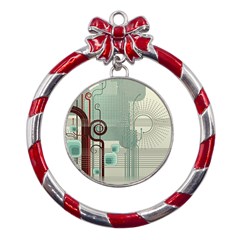 Green Red And White Line Digital Abstract Art Metal Red Ribbon Round Ornament by Bedest