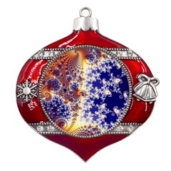 Psychedelic Colorful Abstract Trippy Fractal Mandelbrot Set Metal Snowflake And Bell Red Ornament