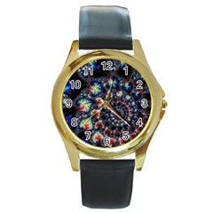 Psychedelic Colorful Abstract Trippy Fractal Round Gold Metal Watch by Bedest