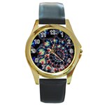 Psychedelic Colorful Abstract Trippy Fractal Round Gold Metal Watch Front